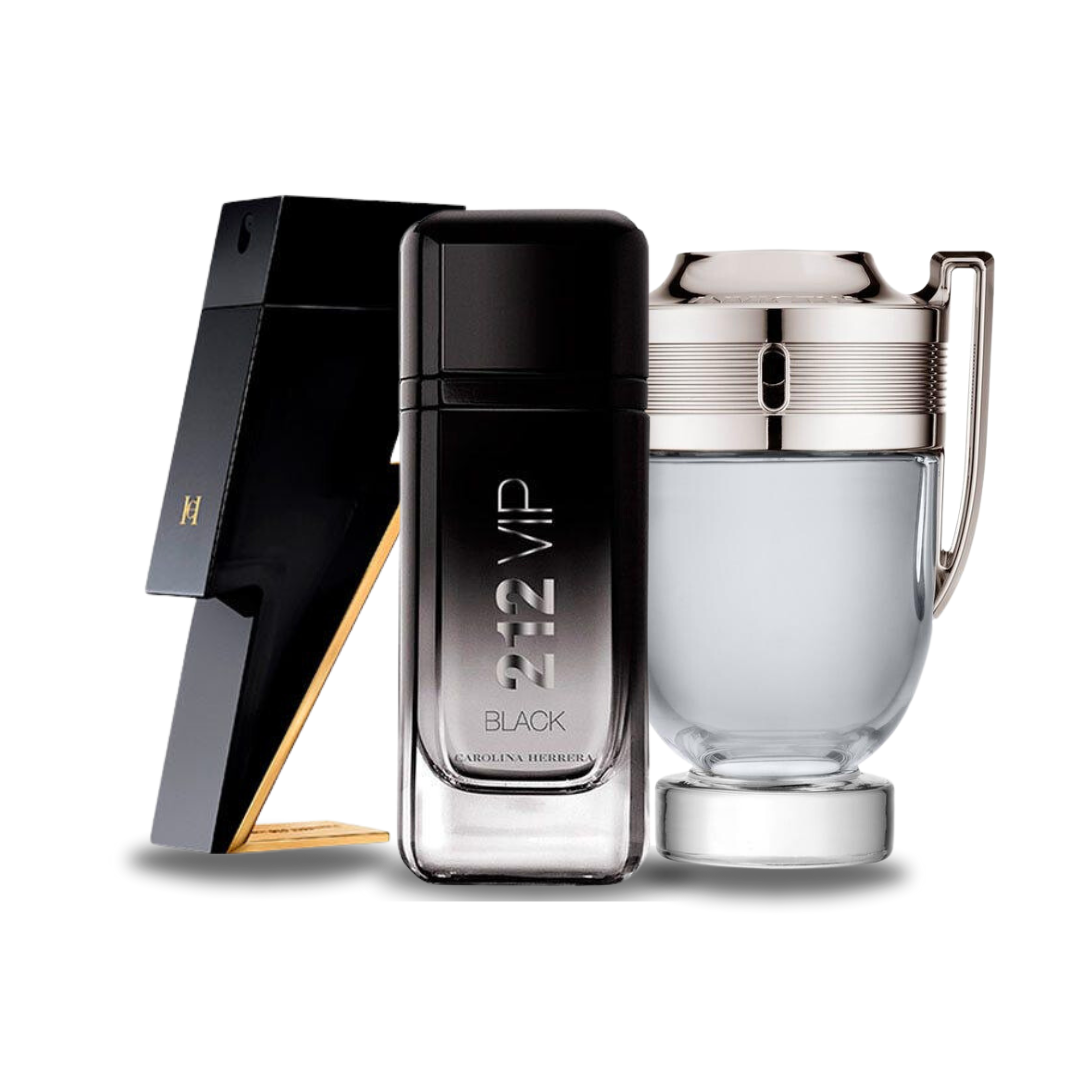 Combo 3 perfumes Carolina Herrera BAD BOY, Carolina Herrera 212 VIP BLACK e Paco Rabanne INVICTUS 100ml - Madrid Perfumes